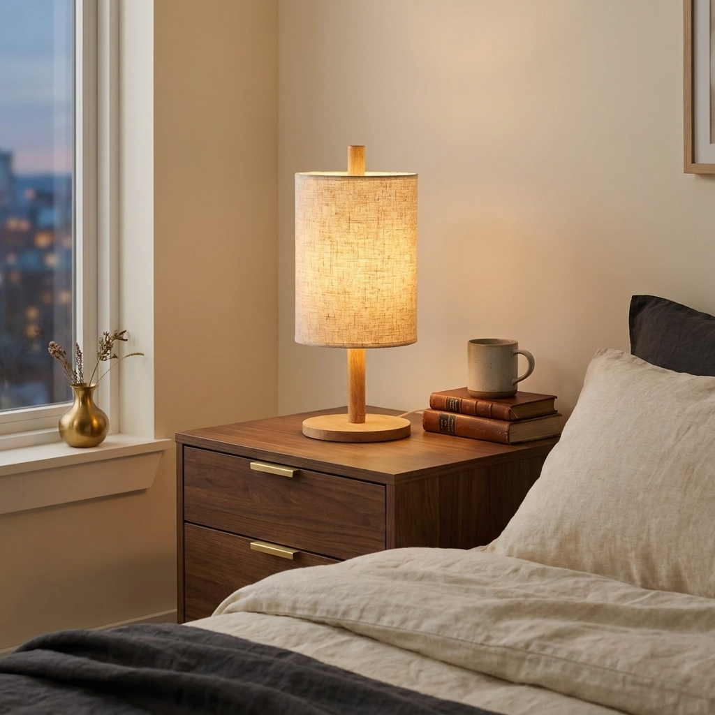 Modern Classic European Wood Desk Lamp, Brown Finish styled in a room