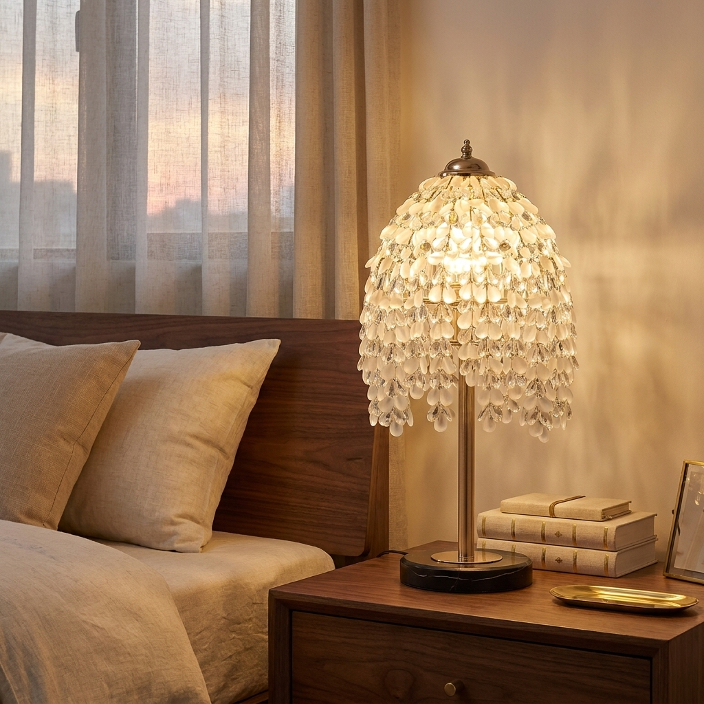 19 Inch Height Elegant Crystal Table Lamp Vintage Waterfall Design Wit styled in a warm modern interior
