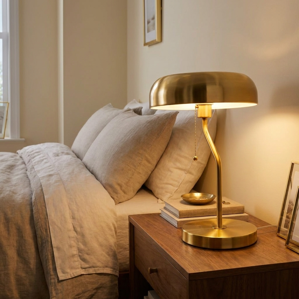 European Modern Metro-Style Nightstand Table Lamp, Gold Finish styled in a room