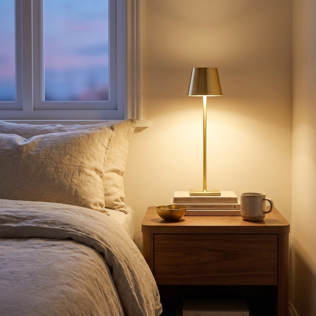 Cordless Rechargeable Battery Table Lamp with Adjustable Head, Metallic Finish, Set of 2 styled in a room