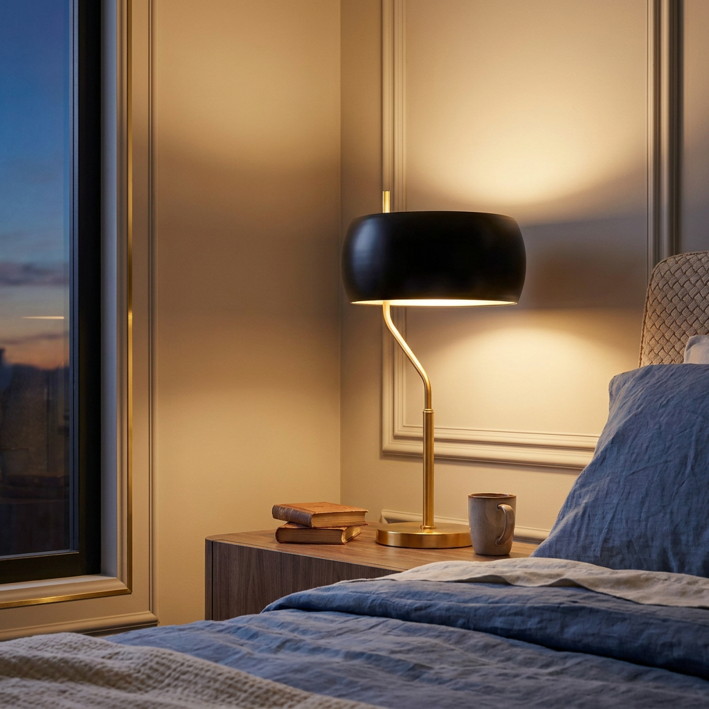 Small Minimalist Wooden Dimmable Table Lamp, Gold Accent styled in a room