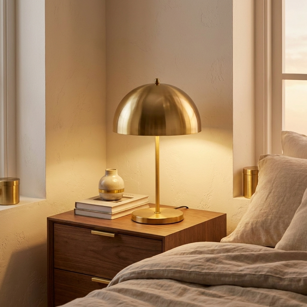 Minimalist Small Nightstand Table Lamp, Dimmable, Gold Finish styled in a room