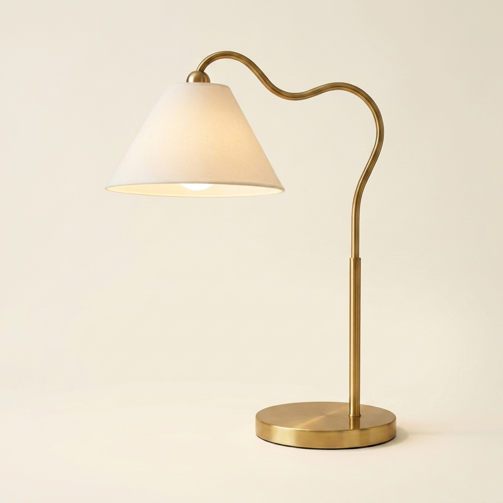Ornate Brass Ring Base Curved Table Lamp with Triangle White Drum Shade, 18.25 in.
