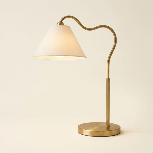Brass Round Base Curved Table Lamp with White Cone Shade, 18.25 in.