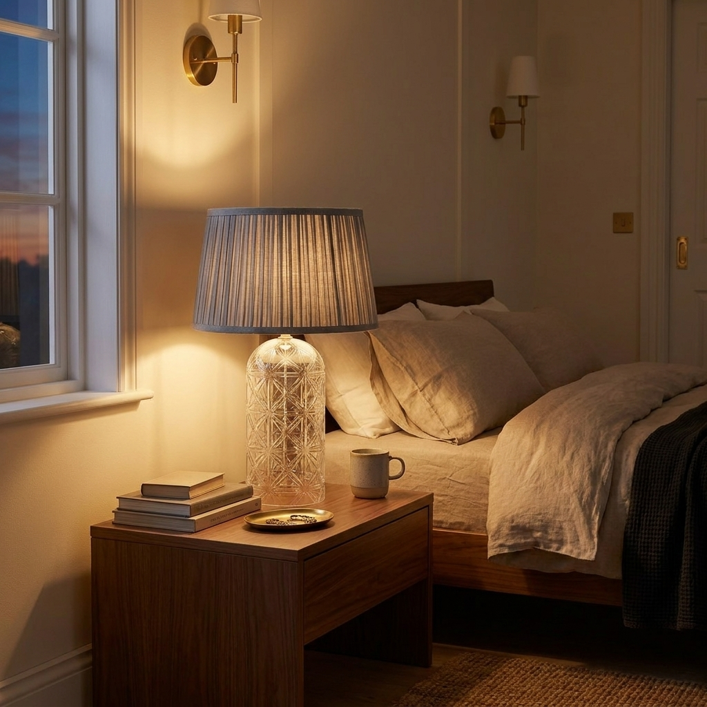 European Modern LED Nightstand Table Lamp, Luxora Style, Clear Glass styled in a room