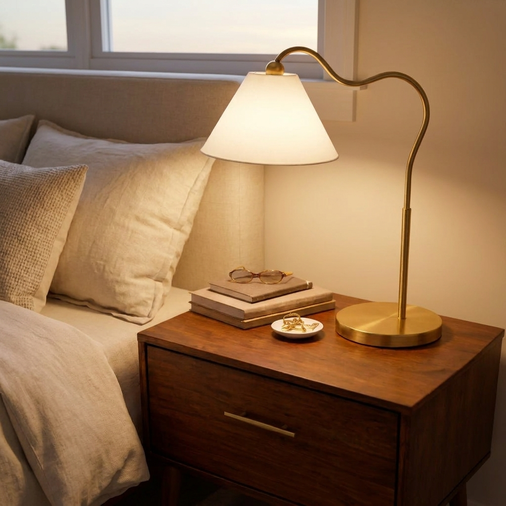 Ornate Brass Ring Base Curved Table Lamp with Triangle White Drum Shade, 18.25 in. styled in a room