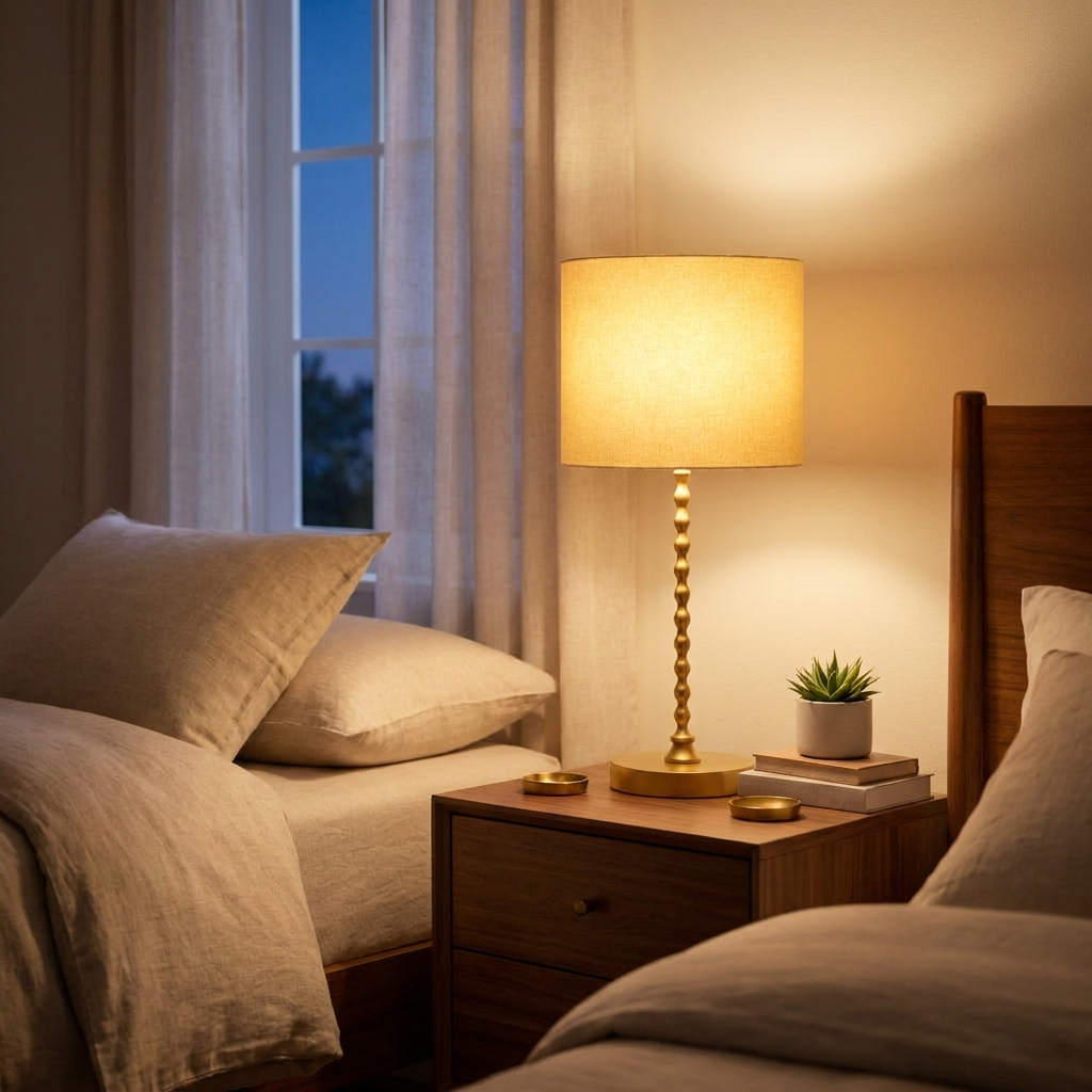 Modern Classic Sereno Desk Lamp, Ochre and Gold Finish styled in a room
