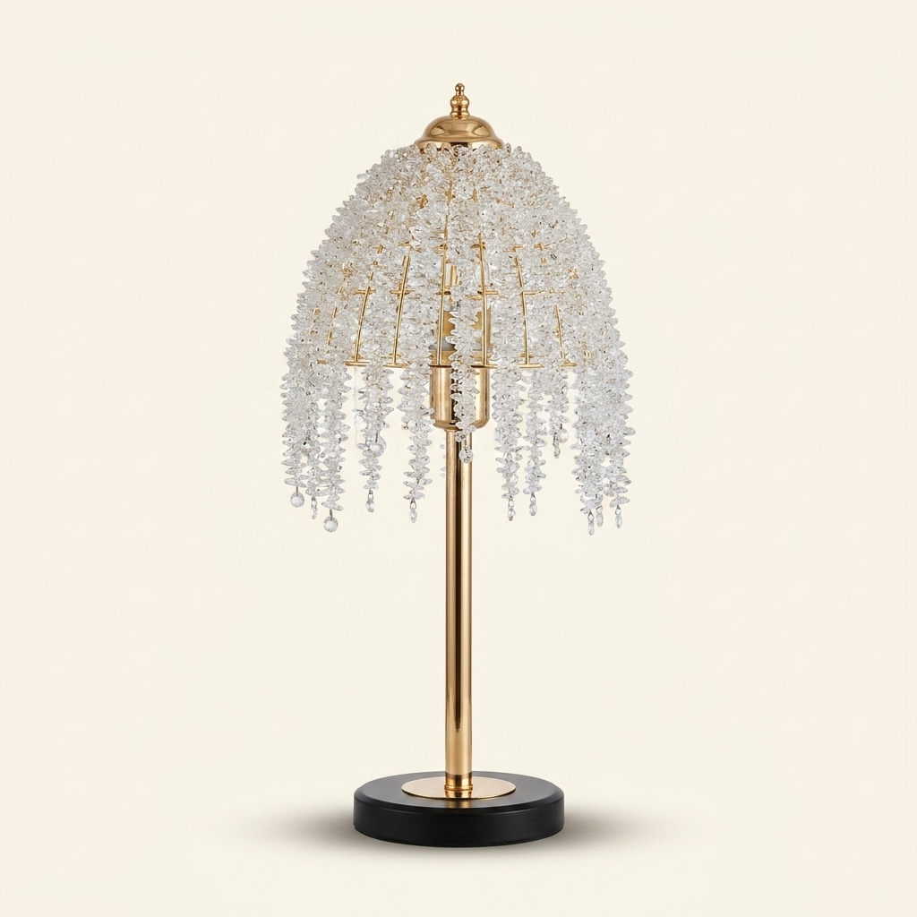 19inch H Elegant Crystal Table Lamp Vintage Waterfall Design With Crys on a warm cream background