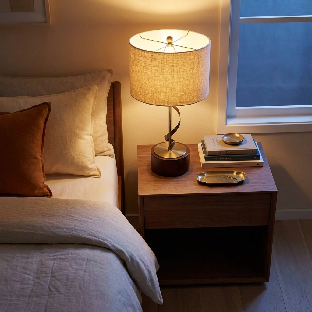Solid Wood Bedside Nightstand Reading Lamp, White Finish styled in a room