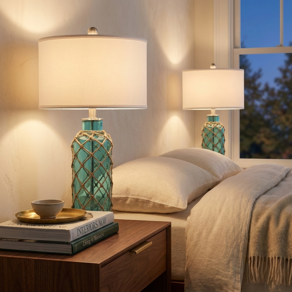Coastal Glass Accent Table Lamp, Touch Control USB Ports, Blue Green Rope Net, Set of 2 for Bedroom styled in a room