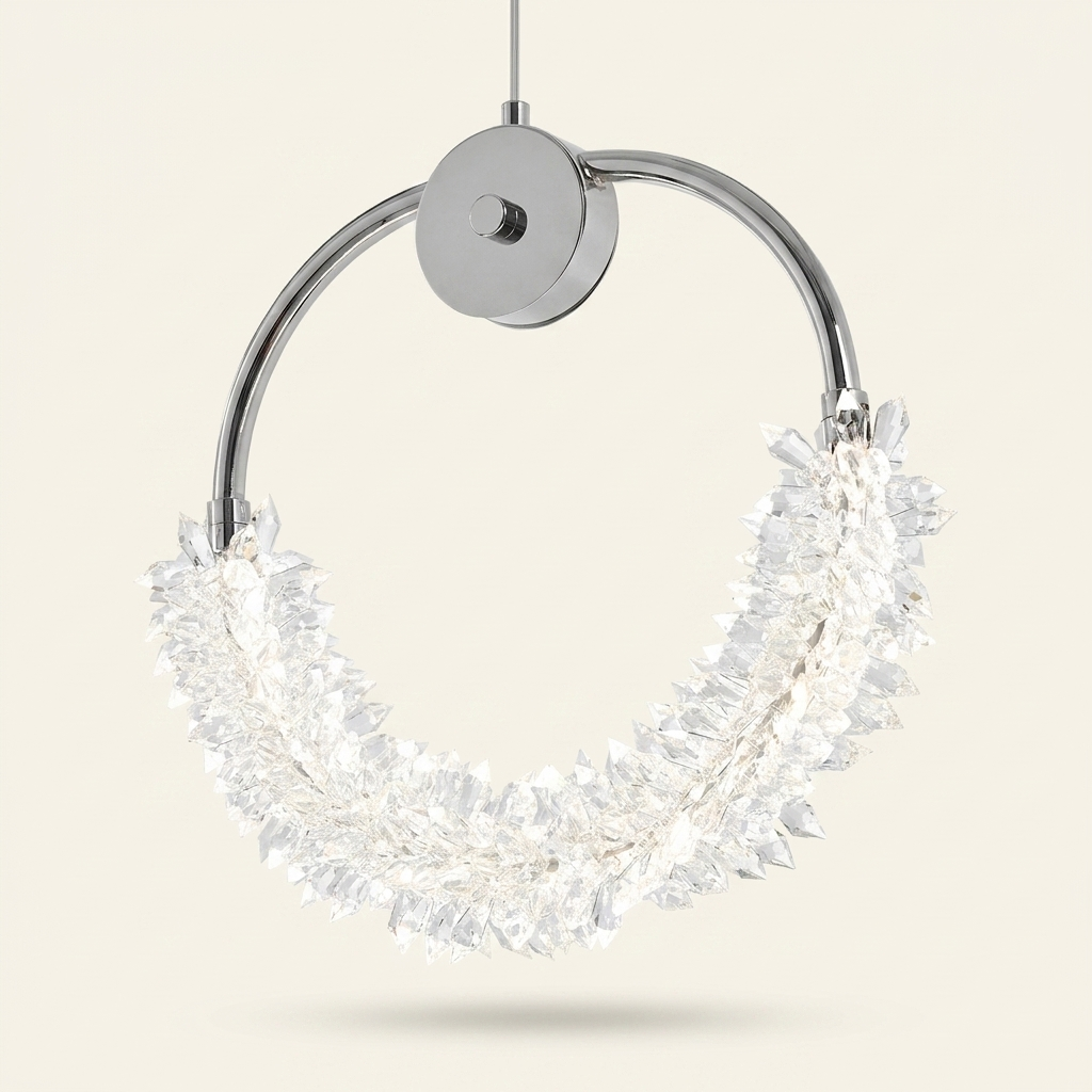 Modern Crystal Chandelier Bedside Lamp Cristal LED Hanging Bar Lightin on a warm cream background