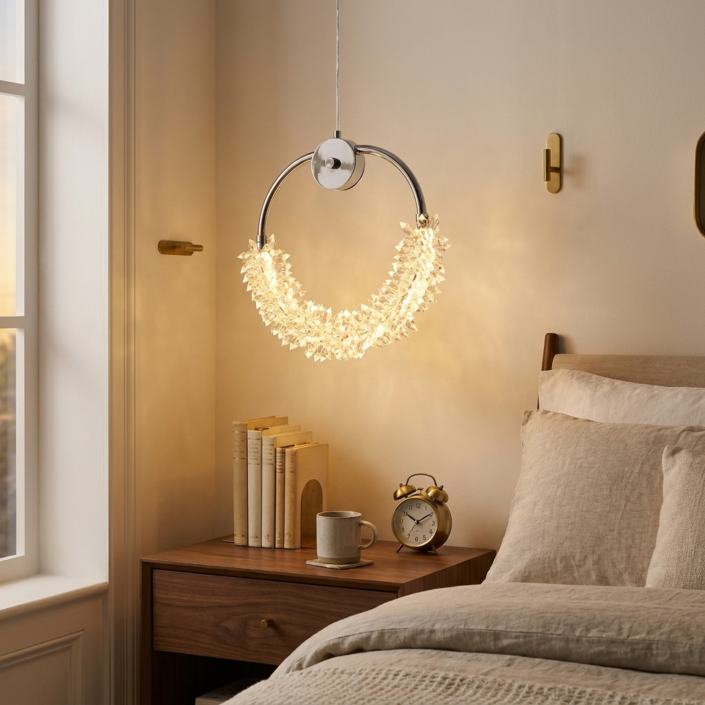 Modern Crystal Chandelier Bedside Lamp Cristal LED Hanging Bar Lightin styled in a warm modern interior