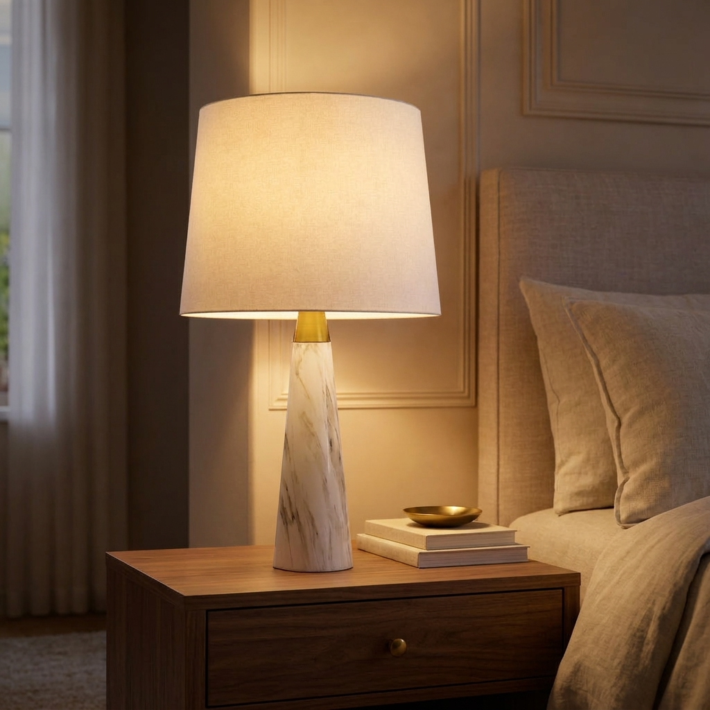 White Faux Marble Table Lamp, On/Off Switch with Fabric Shade, Gold Accent, for Living Room styled in a room