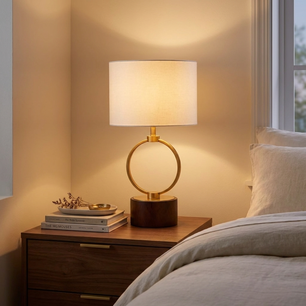 Nordic Grid Metal Table Lamp, Circular Warm Design, White, for Bedroom Nightstand styled in a room