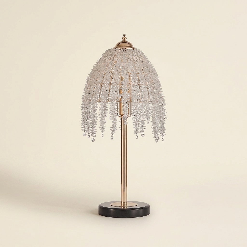 19 H Elegant Crystal Table Lamp Vintage Waterfall Design With Crystal on a warm cream background