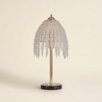 19 H Elegant Crystal Table Lamp Vintage Waterfall Design With Crystal on a warm cream background