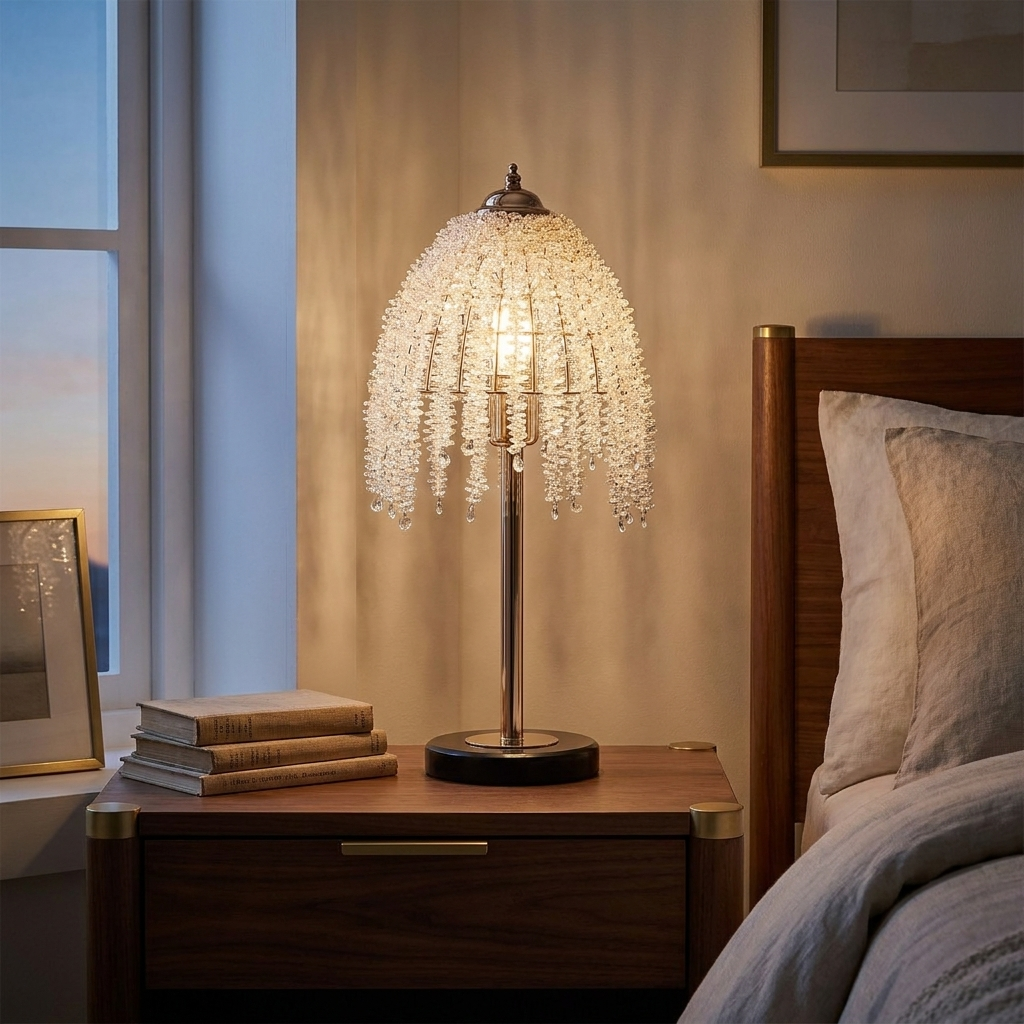 19 H Elegant Crystal Table Lamp Vintage Waterfall Design With Crystal styled in a warm modern interior