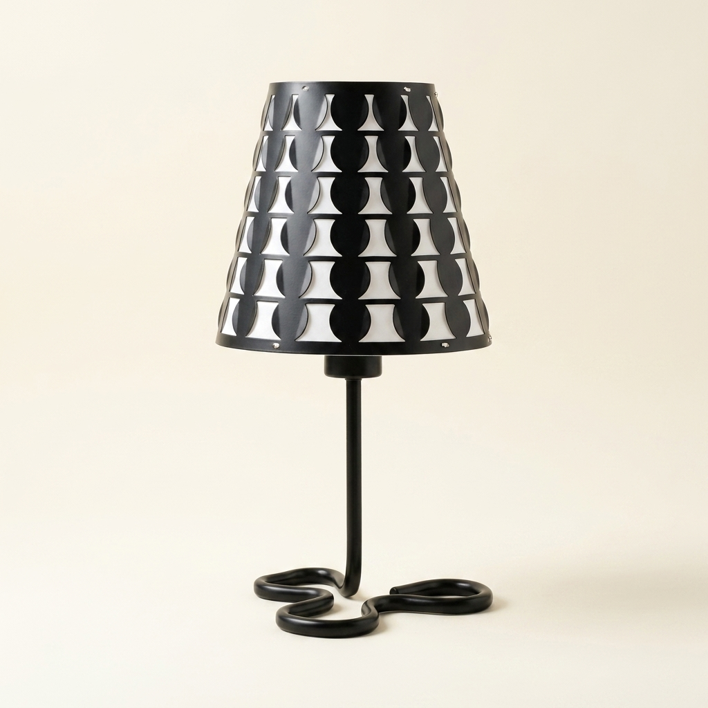 16 Traci Black Geometric Metal Table Lamp on a warm cream background