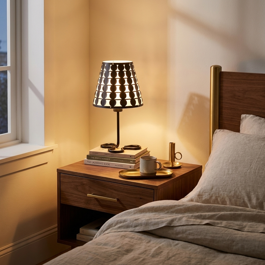 Geometric Metal Table Lamp, Modern Frame Design, Black, 16 in. for Bedroom Nightstand styled in a room