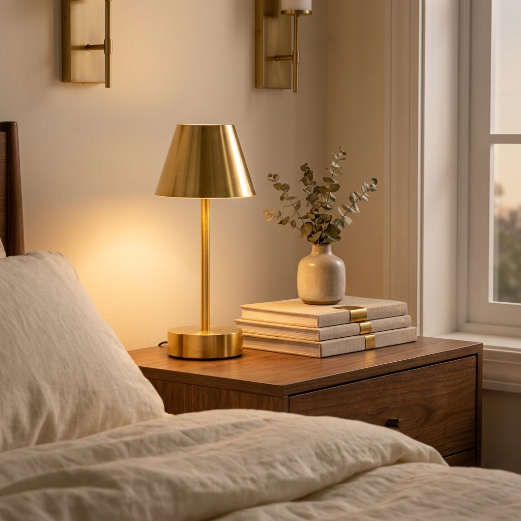 Rechargeable LED Table Lamp, Cordless Touch Switch, Antique Brass, for Bedroom styled in a room