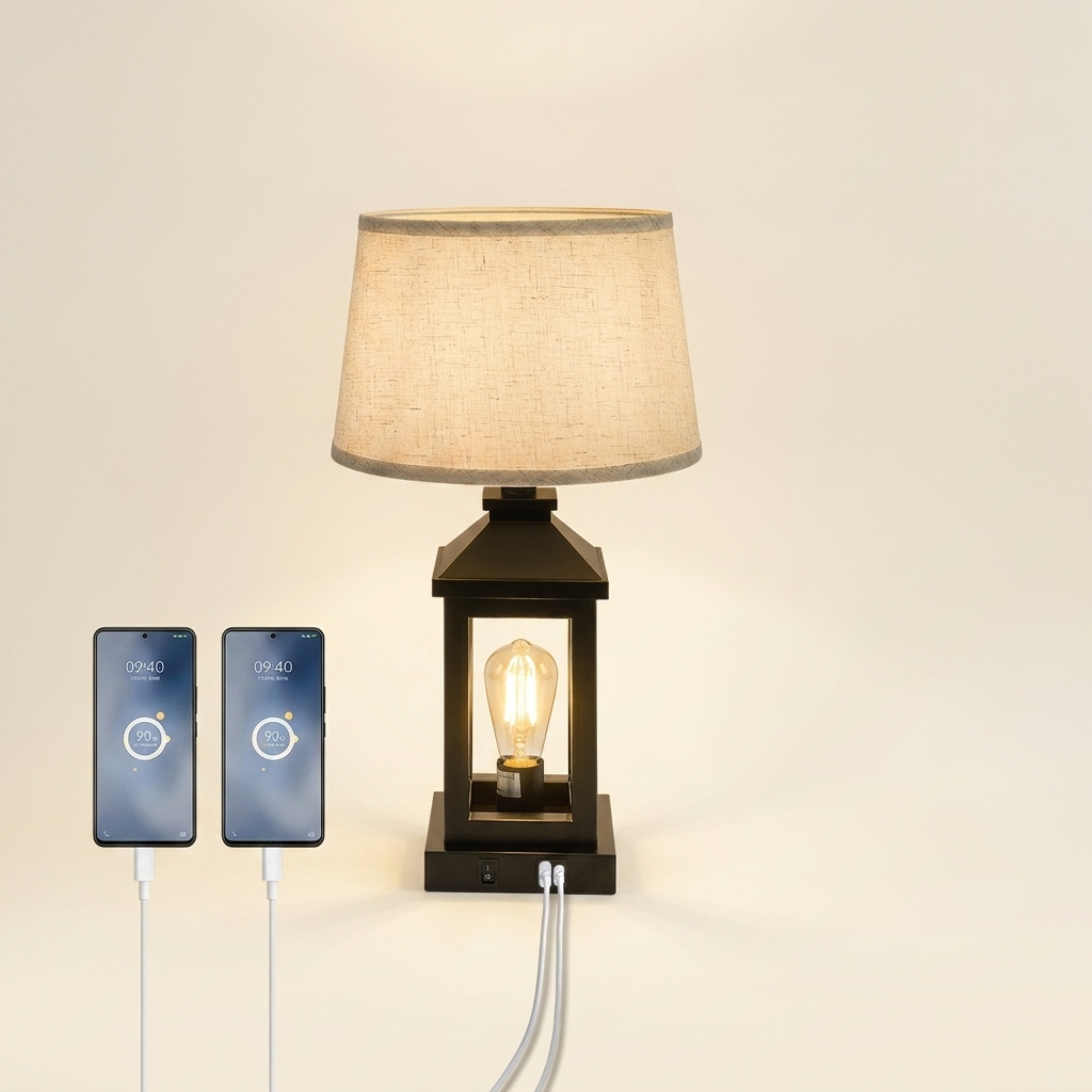 Farmhouse Metal Table Lamp, Linen Shade Square Frame, Black, 20.5 in. for Living Room