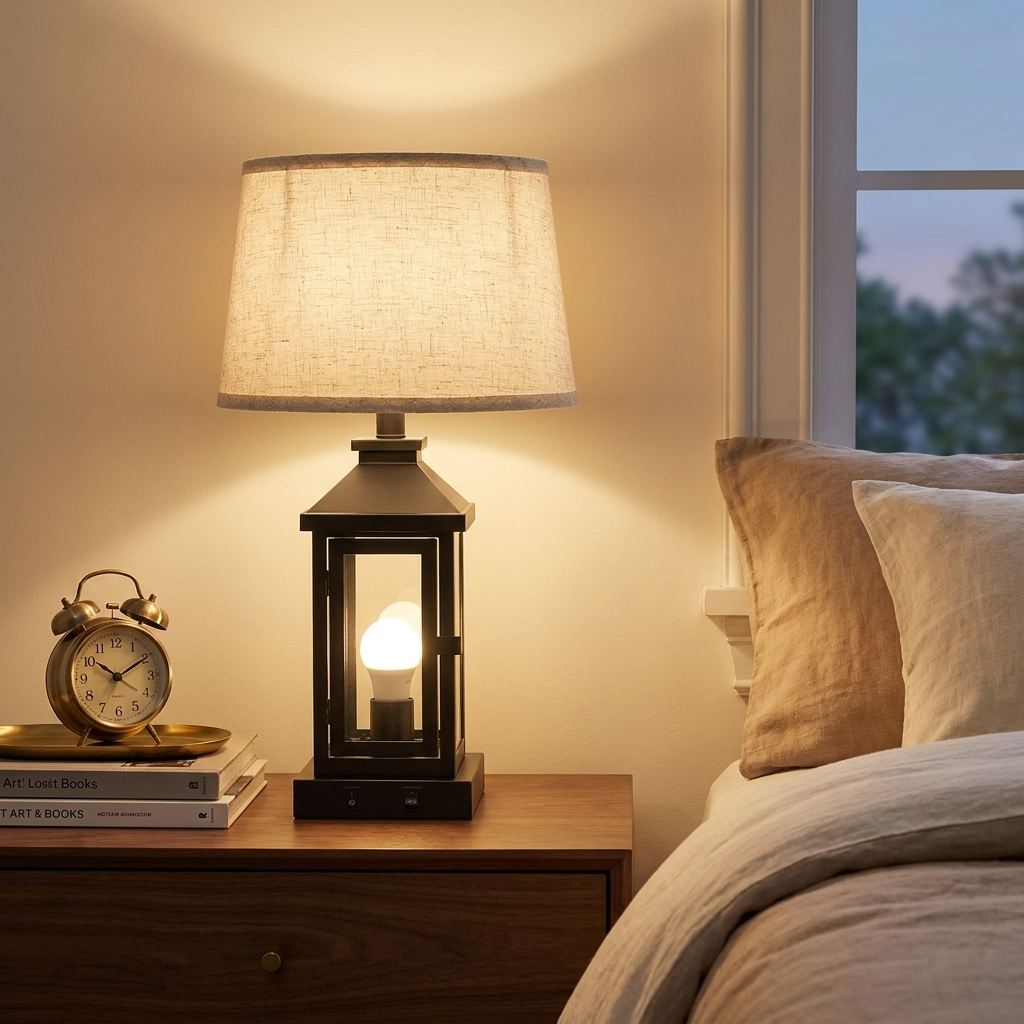 Farmhouse Metal Table Lamp, Linen Shade Square Frame, Black, 20.5 in. for Living Room styled in a room