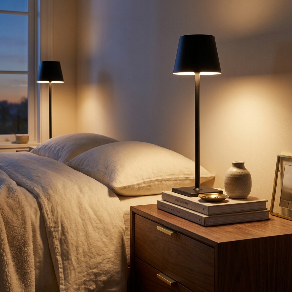 Cordless Table Lamp, Detachable Bottle-Top Head Rechargeable, Black, for Bedroom styled in a room
