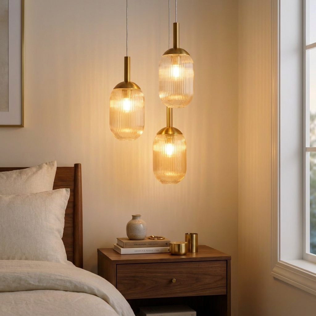 Modern Glass Pendant Light, Clear Shade Ceiling Fixture, Bronze, for Bedside styled in a room