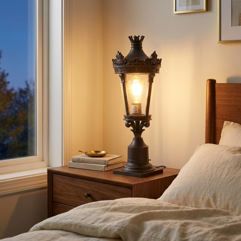 22 H Vintage Crown Outdoor Post Lantern styled in a warm modern interior