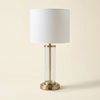 Luna Brushed Nickel Table Lamp With On Off Switch Clear Glass Body Met on a warm cream background