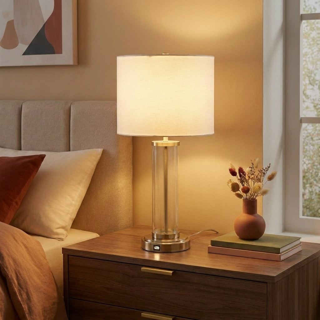 Luna Brushed Nickel Table Lamp With On Off Switch Clear Glass Body Met styled in a warm modern interior