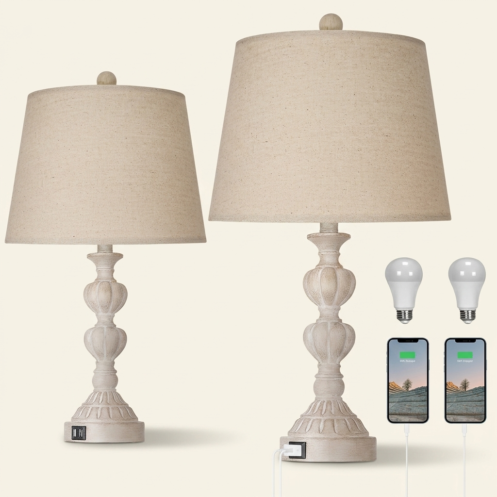 Touch Control Coastal Farmhouse Table Lamp Set Of 2 on a warm cream background