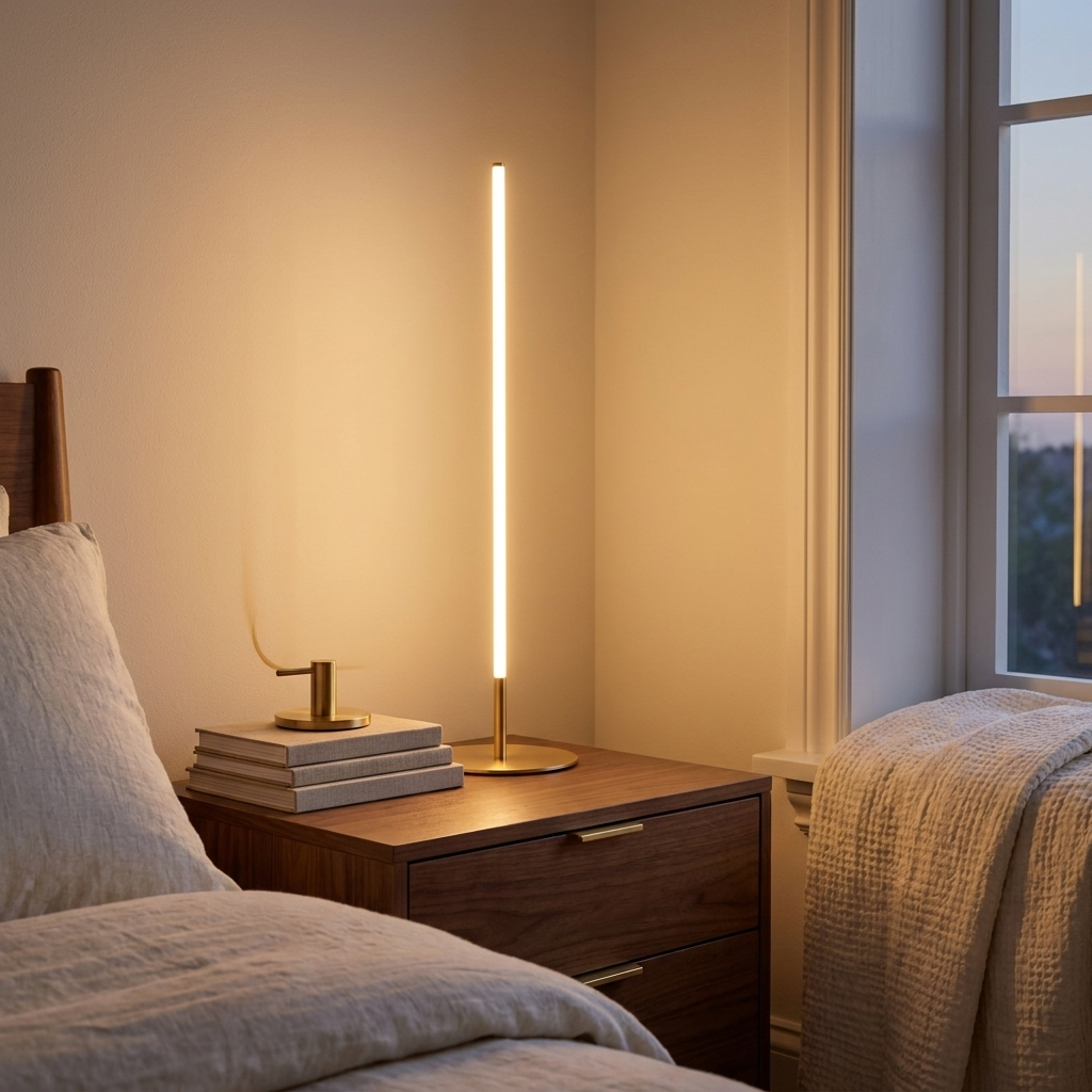 Black Metal LED Table Lamp, Round Base with On/Off Switch, Black and Gold, for Living Room styled in a room