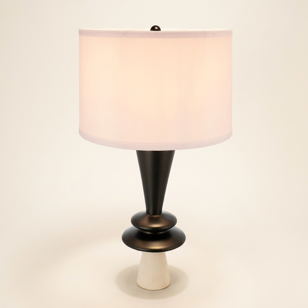 D15x26.7 Black Aluminum Table Lamp With Two Varying Disc Accents And W on a warm cream background