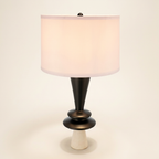 D15x26.7 Black Aluminum Table Lamp With Two Varying Disc Accents And W on a warm cream background