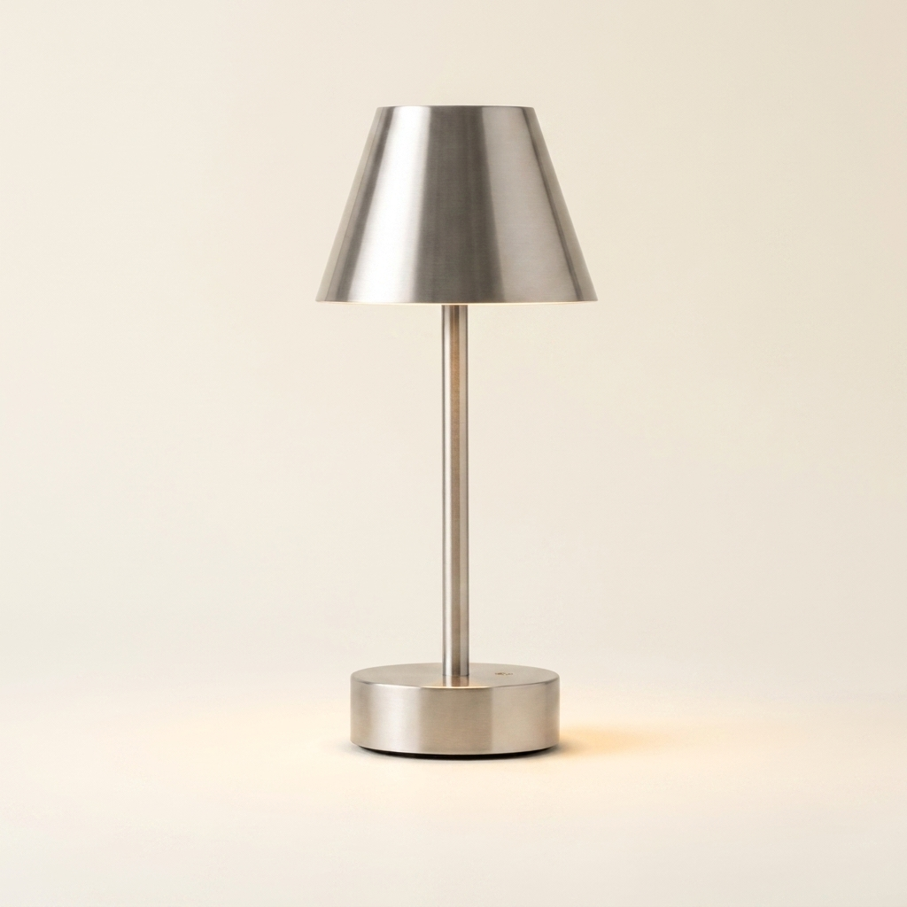 Elegance Rechargeable LED Table Lamp Brushed Nickel LED Touch Switch on a warm cream background