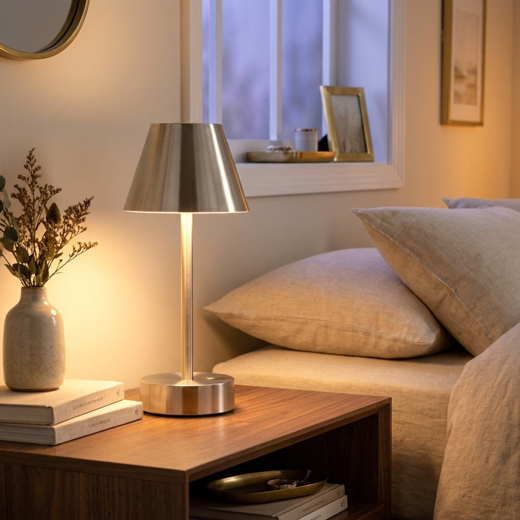 Elegance Rechargeable LED Table Lamp Brushed Nickel LED Touch Switch styled in a warm modern interior