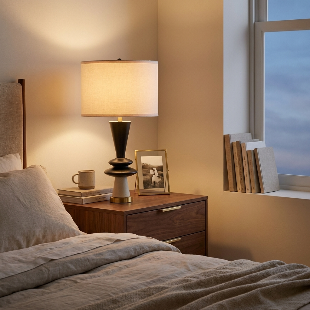 D15x26.7 Black Aluminum Table Lamp With Two Varying Disc Accents And W styled in a warm modern interior