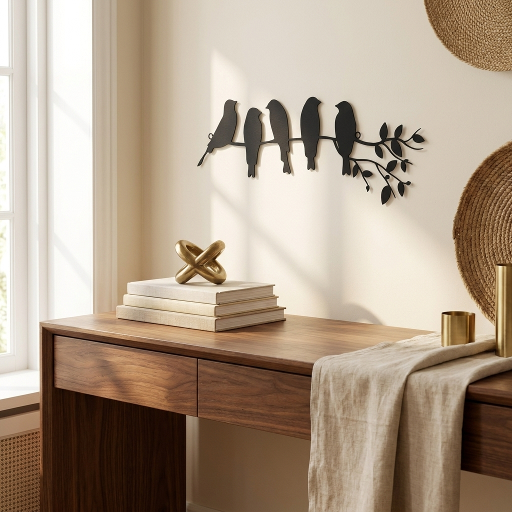 Metal Bird Wall Art Sculpture, Branch Silhouette Wall Decor for Living Room styled in a room