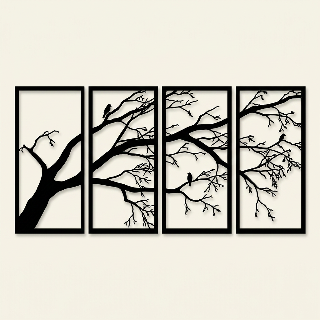 Metal Tree of Life Wall Art Sculpture, Wrought Iron Decor, Black, for Living Room — Set of 4