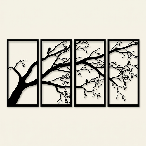 Metal Tree of Life Wall Art Sculpture, Wrought Iron Decor, Black, for Living Room — Set of 4