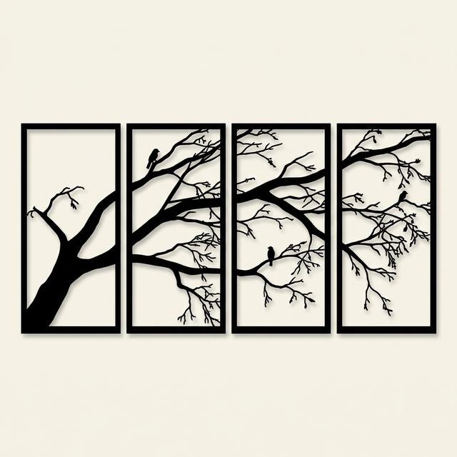 Metal Tree of Life Wall Art Sculpture, Wrought Iron Decor, Black, for Living Room — Set of 4