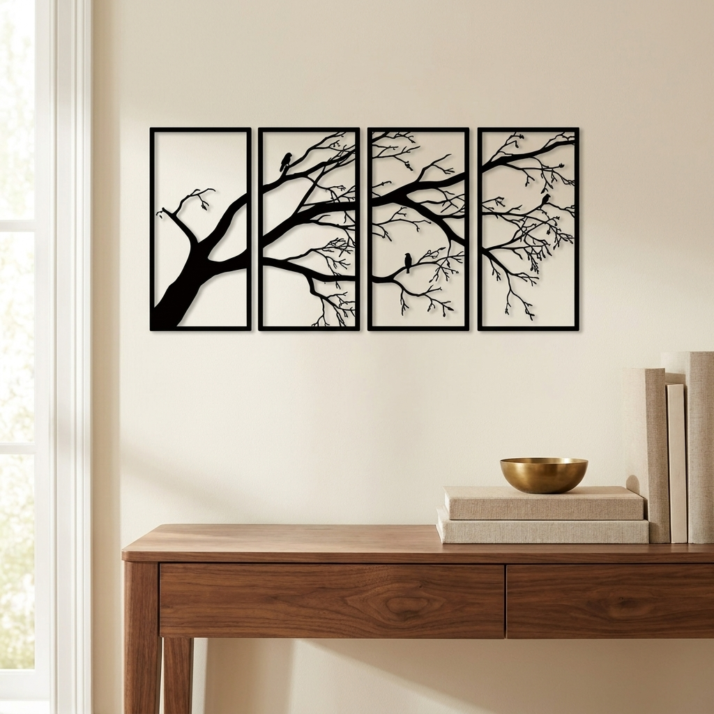 Metal Tree of Life Wall Art Sculpture, Wrought Iron Decor, Black, for Living Room — Set of 4 styled in a room
