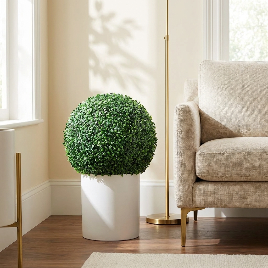 VEVOR Artificial Topiaries Boxwood Trees styled in a warm modern interior