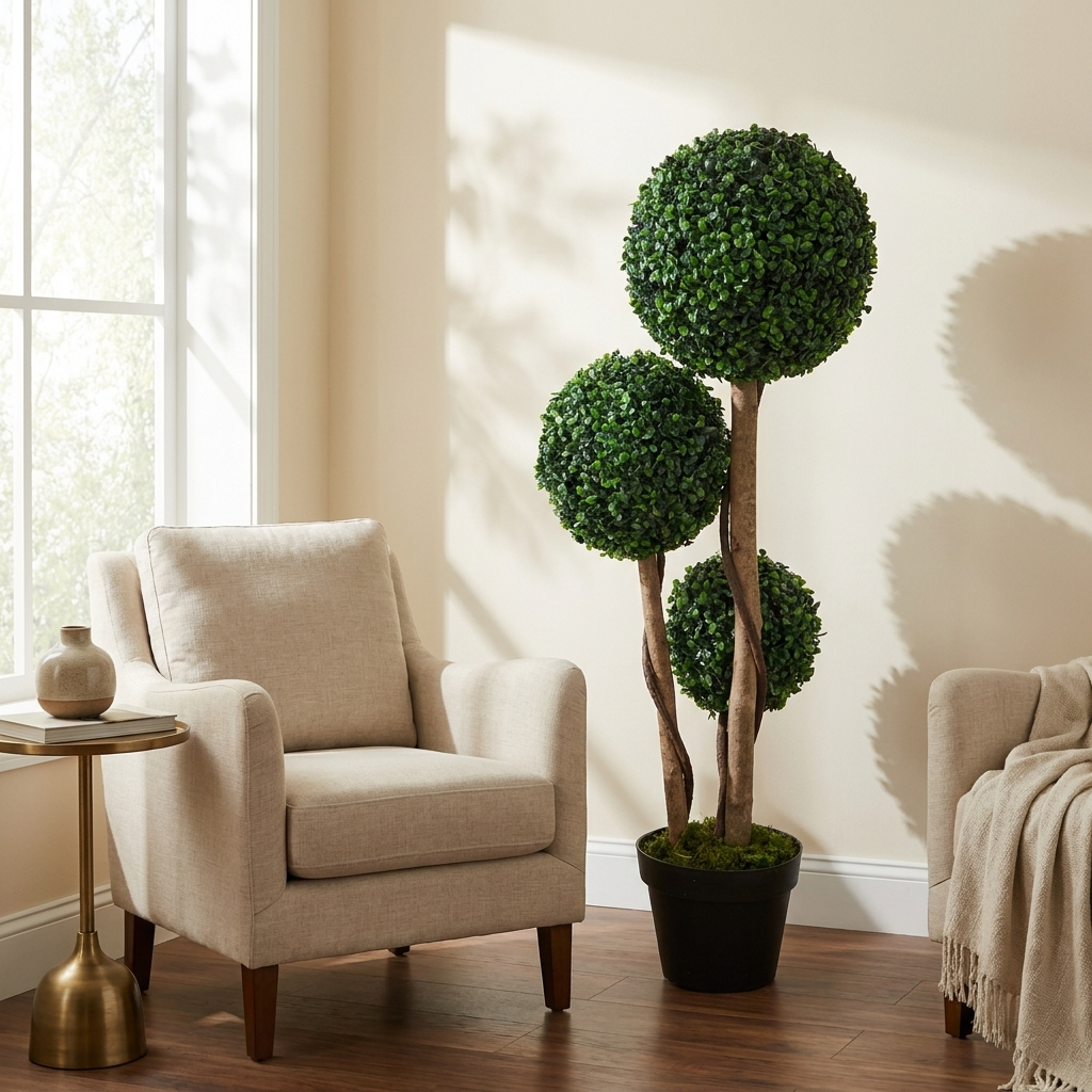 Artificial Boxwood Tree, Indoor Outdoor Faux Potted Plant, Dark Green, for Living Room Corner styled in a room