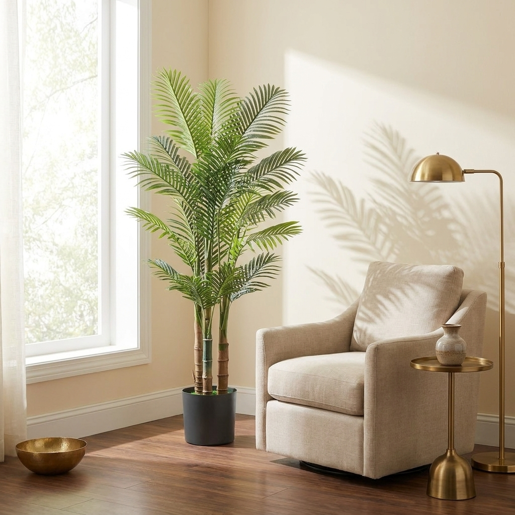 Artificial Golden Cane Palm Tree, Faux Tropical Potted Plant, Green, for Living Room Corner styled in a room