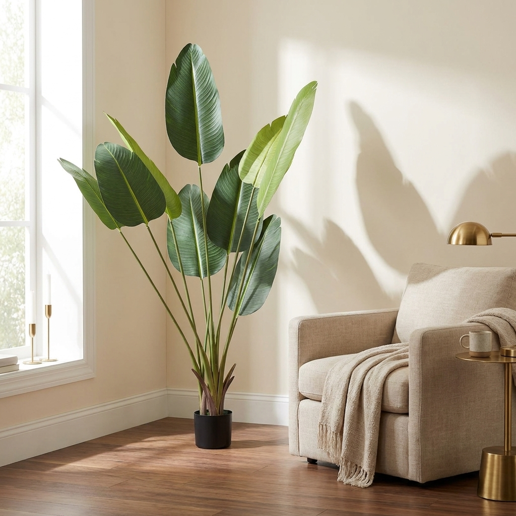 Artificial Bird of Paradise Tree, Faux Tropical Potted Plant, Green, for Living Room Corner styled in a room