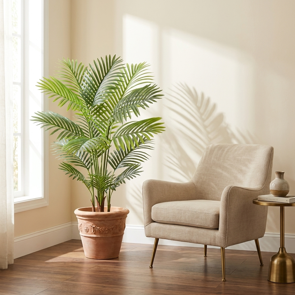 Artificial Palm Tree, Faux Tropical Potted Floor Plant, Green, for Living Room Corner styled in a room