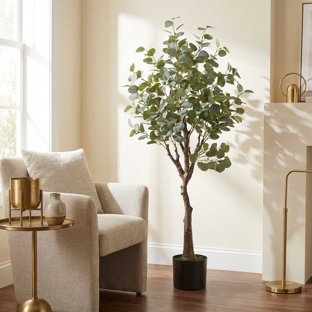 Artificial Eucalyptus Tree, Faux Potted Greenery Floor Plant, Green, for Living Room Corner styled in a room