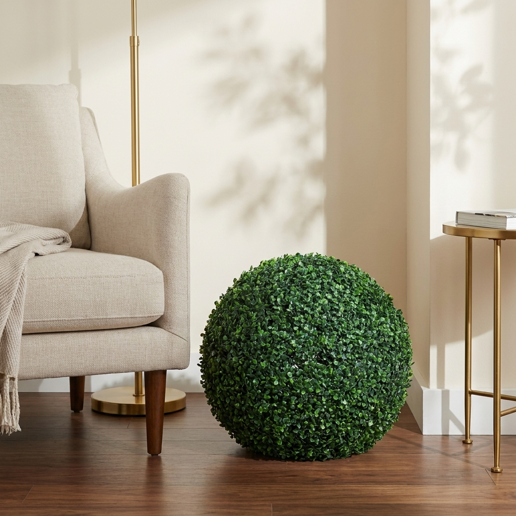 Artificial Boxwood Topiary Ball, 16 Inch, Green Faux Foliage, for Indoor Decor styled in a room
